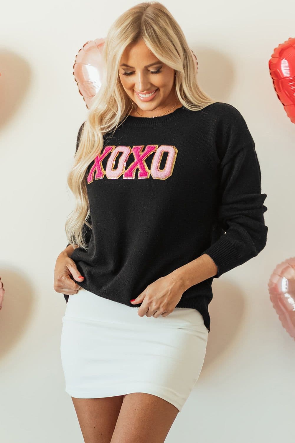 image-Black Howdy Heart Graphic Round Neck Casual Sweater