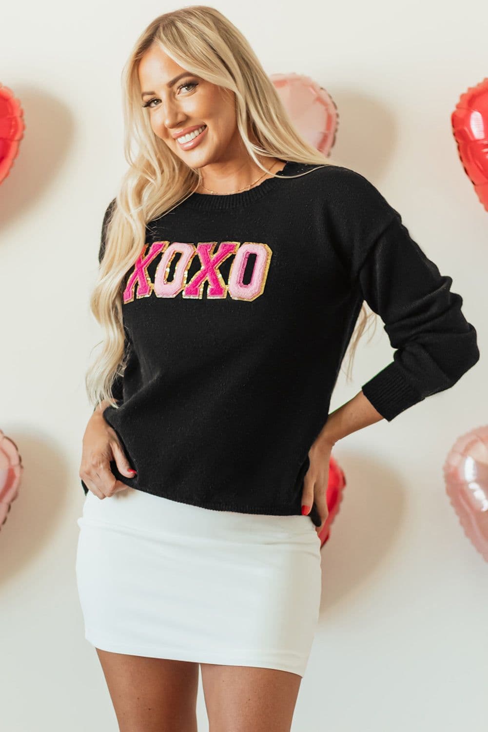 image-Black Howdy Heart Graphic Round Neck Casual Sweater