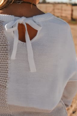 image-Oatmeal Mixed Pattern Knit Tie Keyhole Drop Shoulder Sweater