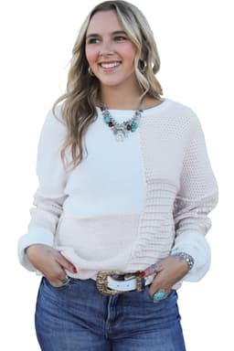 image-Oatmeal Mixed Pattern Knit Tie Keyhole Drop Shoulder Sweater