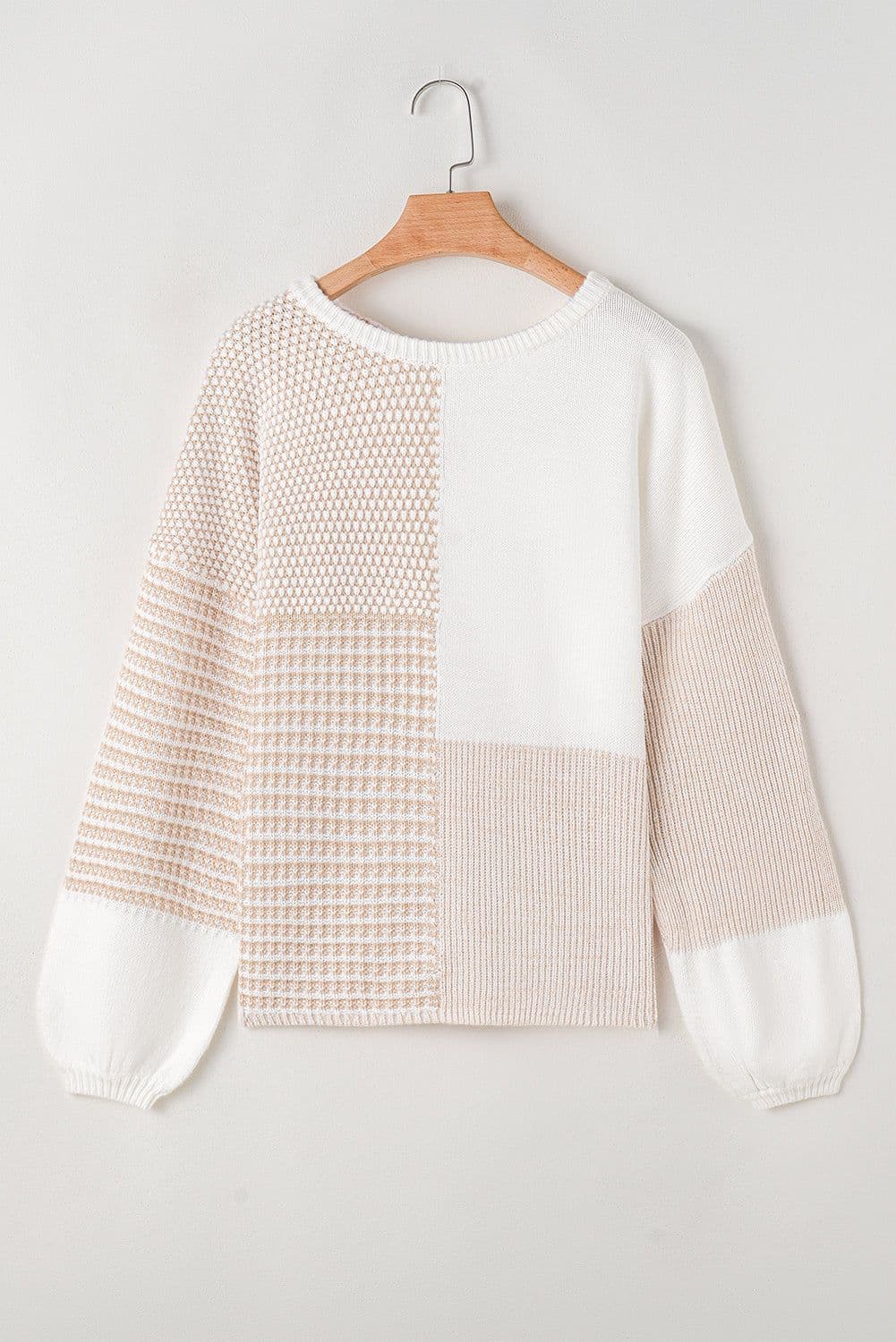 image-Oatmeal Mixed Pattern Knit Tie Keyhole Drop Shoulder Sweater