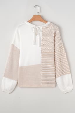 image-Oatmeal Mixed Pattern Knit Tie Keyhole Drop Shoulder Sweater