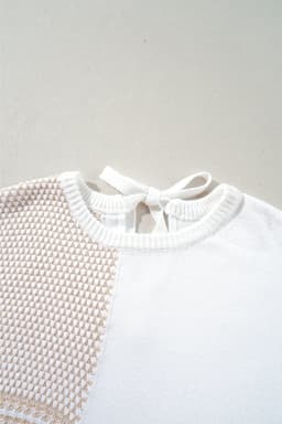 image-Oatmeal Mixed Pattern Knit Tie Keyhole Drop Shoulder Sweater