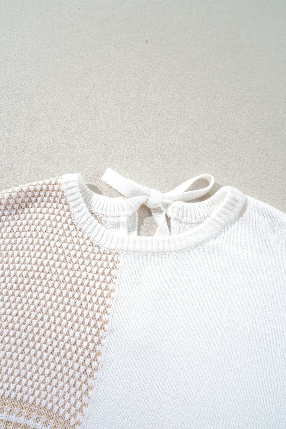image-Oatmeal Mixed Pattern Knit Tie Keyhole Drop Shoulder Sweater