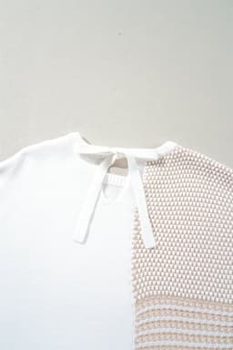 image-Oatmeal Mixed Pattern Knit Tie Keyhole Drop Shoulder Sweater