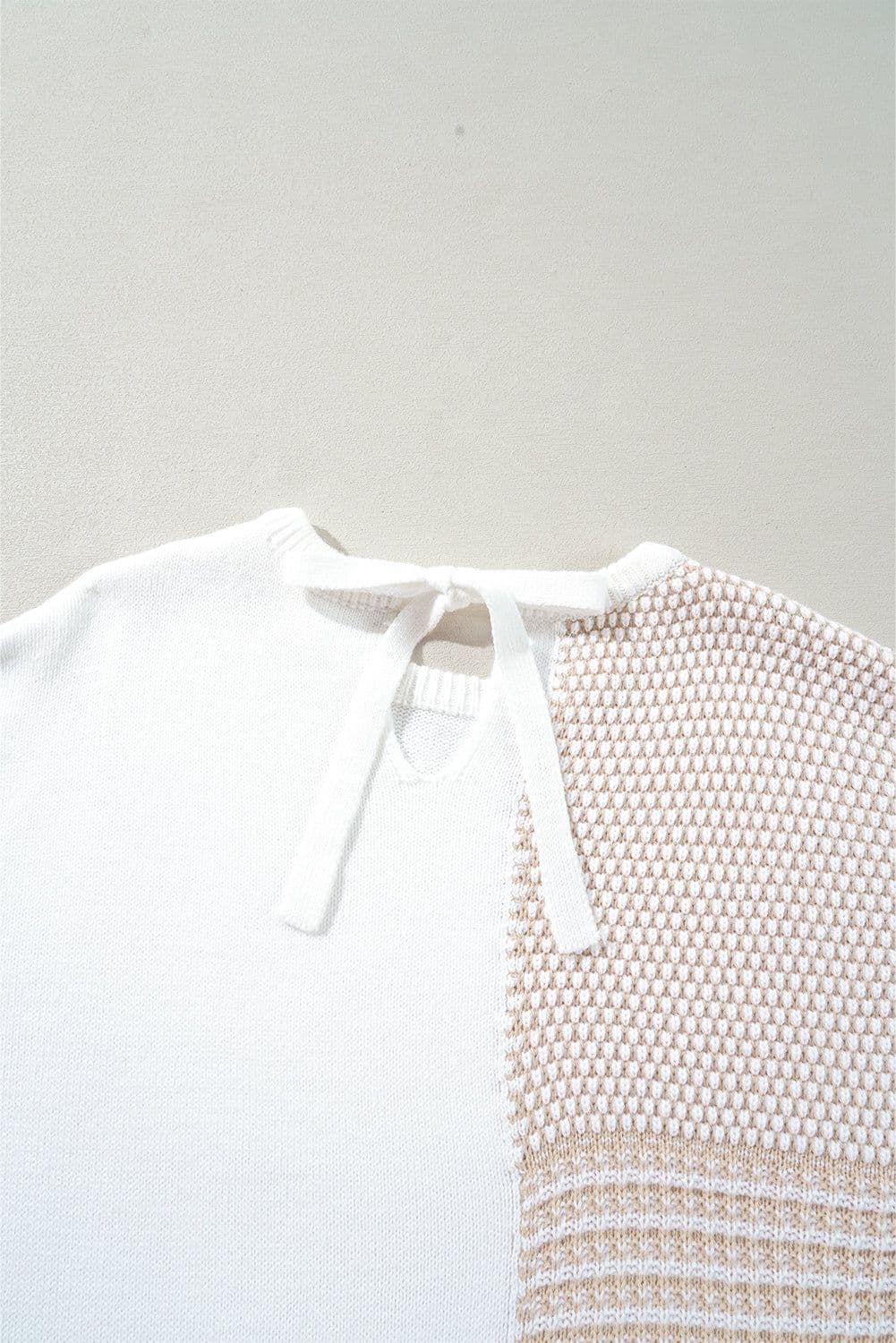 image-Oatmeal Mixed Pattern Knit Tie Keyhole Drop Shoulder Sweater