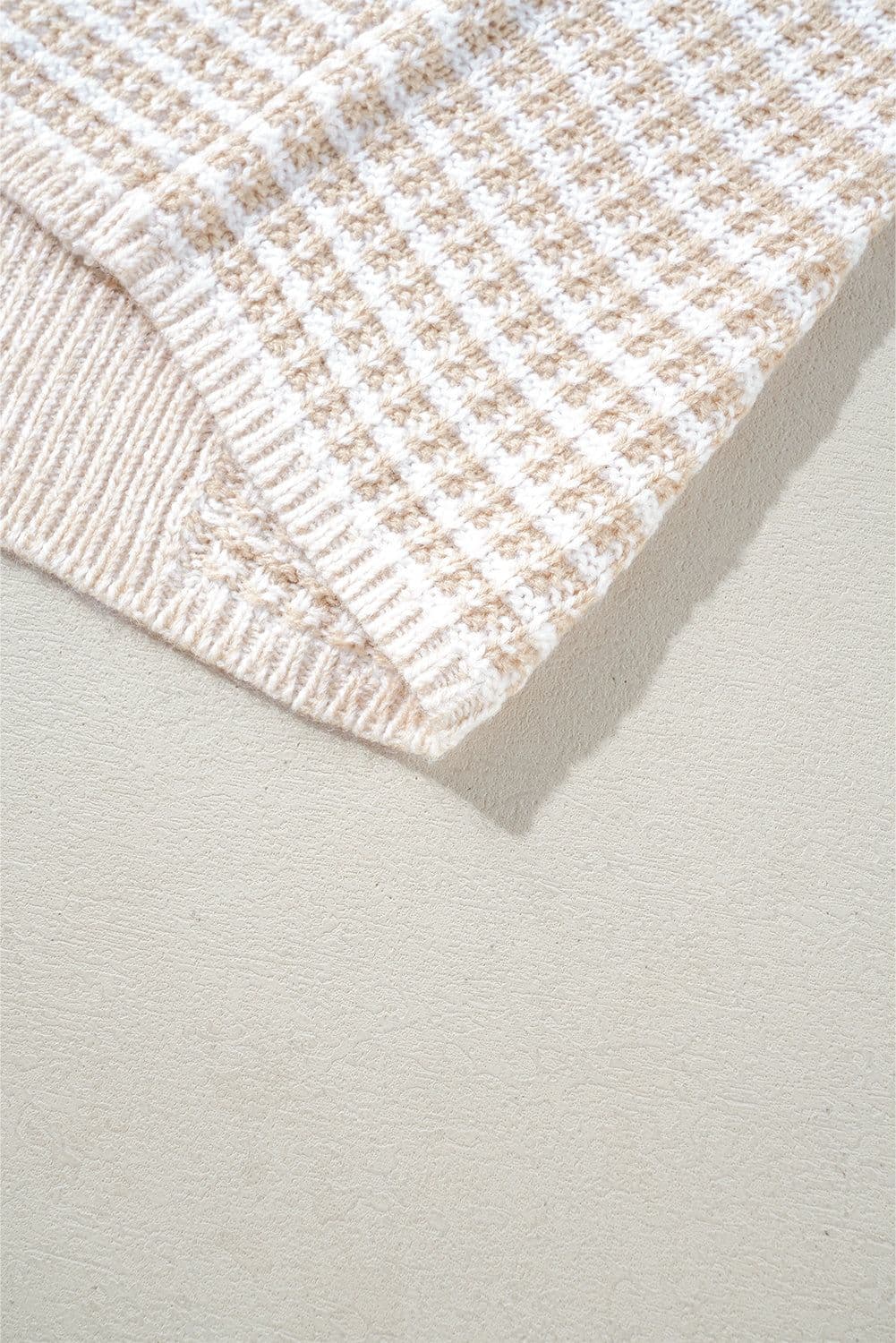 image-Oatmeal Mixed Pattern Knit Tie Keyhole Drop Shoulder Sweater