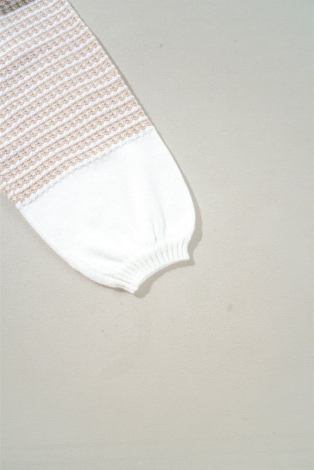 image-Oatmeal Mixed Pattern Knit Tie Keyhole Drop Shoulder Sweater