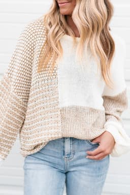 image-Oatmeal Mixed Pattern Knit Tie Keyhole Drop Shoulder Sweater