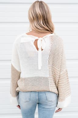 image-Oatmeal Mixed Pattern Knit Tie Keyhole Drop Shoulder Sweater