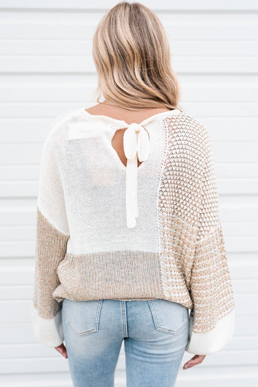 image-Oatmeal Mixed Pattern Knit Tie Keyhole Drop Shoulder Sweater