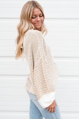 image-Oatmeal Mixed Pattern Knit Tie Keyhole Drop Shoulder Sweater