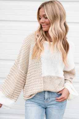 image-Oatmeal Mixed Pattern Knit Tie Keyhole Drop Shoulder Sweater