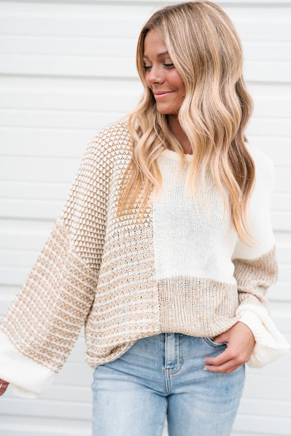 image-Oatmeal Mixed Pattern Knit Tie Keyhole Drop Shoulder Sweater