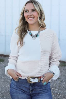 image-Oatmeal Mixed Pattern Knit Tie Keyhole Drop Shoulder Sweater