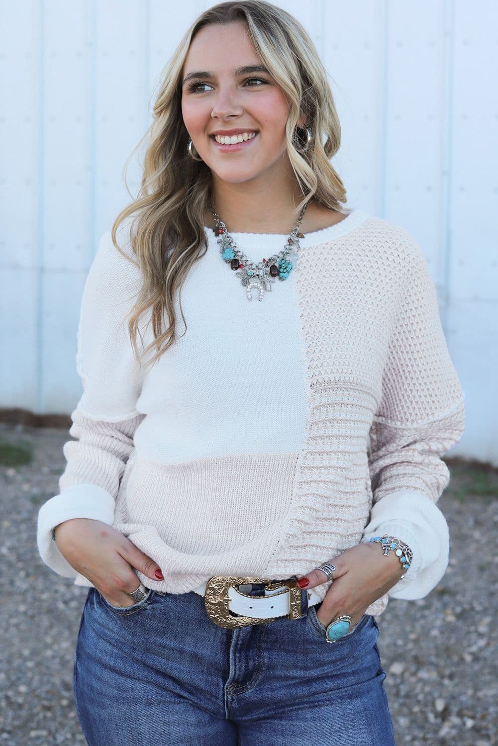 image-Oatmeal Mixed Pattern Knit Tie Keyhole Drop Shoulder Sweater