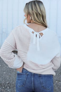 image-Oatmeal Mixed Pattern Knit Tie Keyhole Drop Shoulder Sweater