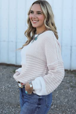 image-Oatmeal Mixed Pattern Knit Tie Keyhole Drop Shoulder Sweater