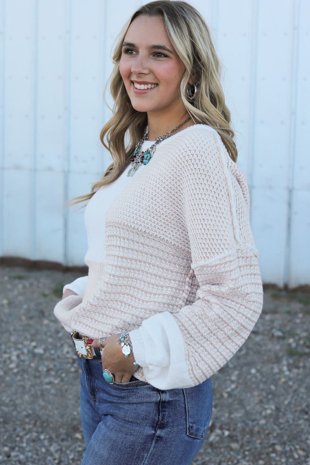 image-Oatmeal Mixed Pattern Knit Tie Keyhole Drop Shoulder Sweater