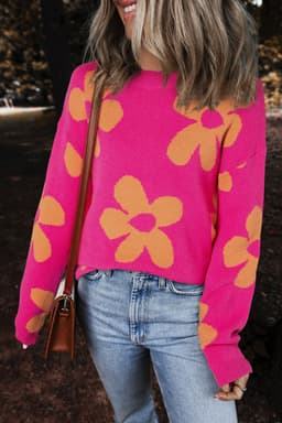 image-Rose Big Flower Pattern Mock Neck Long Sleeve Sweater