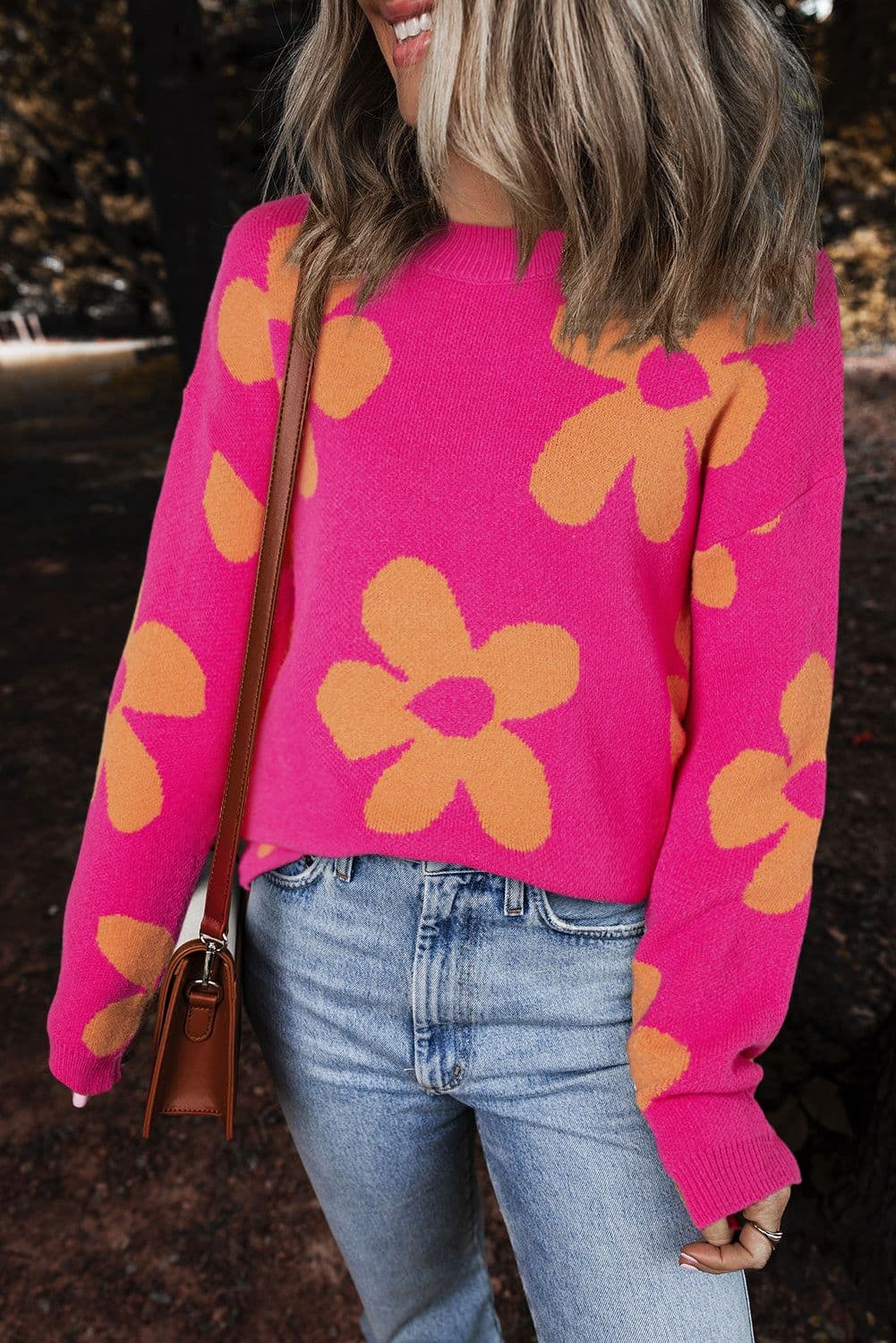 image-Rose Big Flower Pattern Mock Neck Long Sleeve Sweater