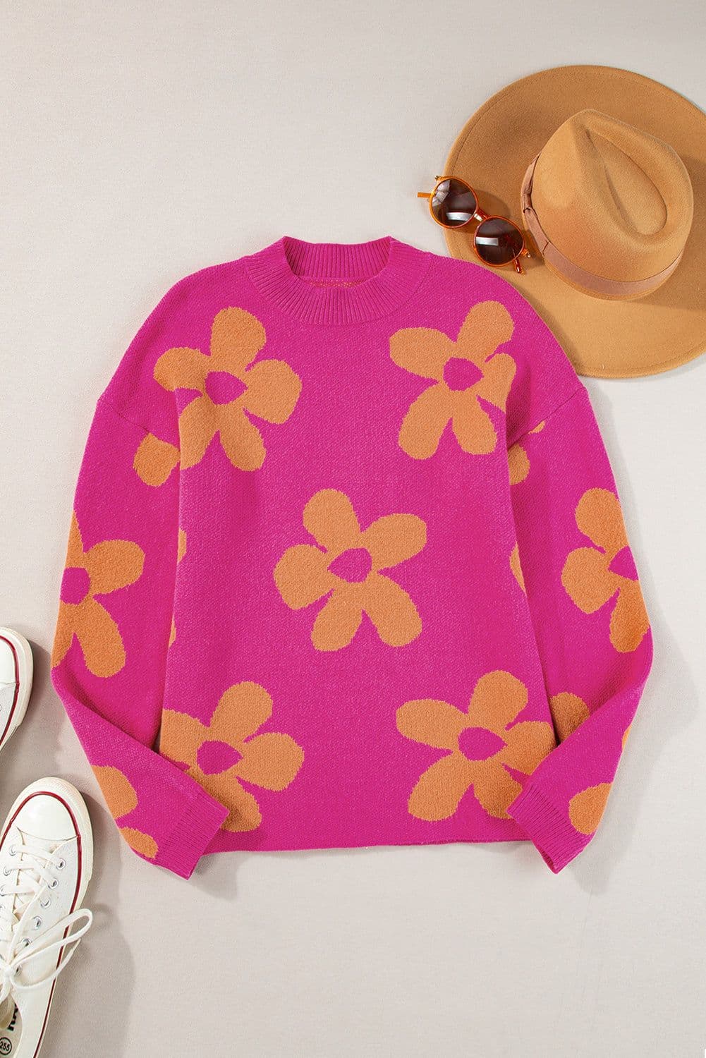 image-Rose Big Flower Pattern Mock Neck Long Sleeve Sweater