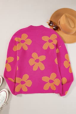 image-Rose Big Flower Pattern Mock Neck Long Sleeve Sweater