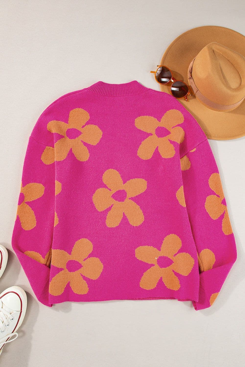 image-Rose Big Flower Pattern Mock Neck Long Sleeve Sweater
