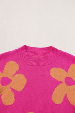 image-Rose Big Flower Pattern Mock Neck Long Sleeve Sweater