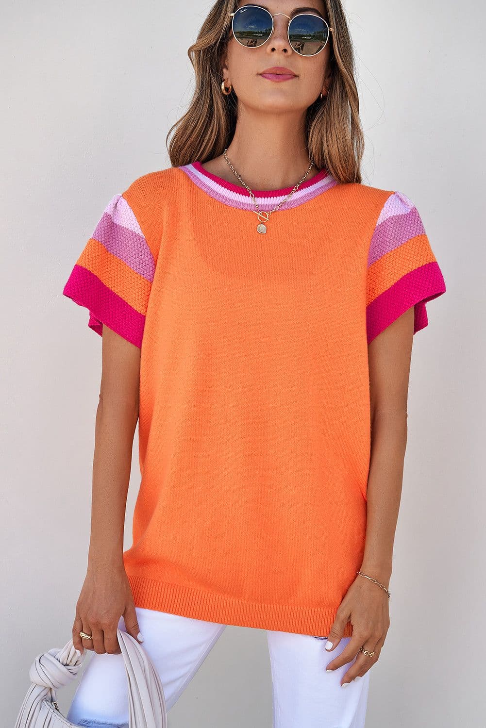 image-Carrot Contrast Flutter Sleeves Knitted Sweater T Shirt