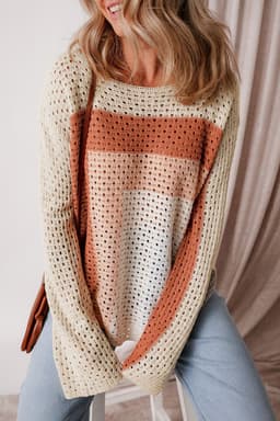 image-Apricot Pointelle Knit Colorblock Baggy Sweater