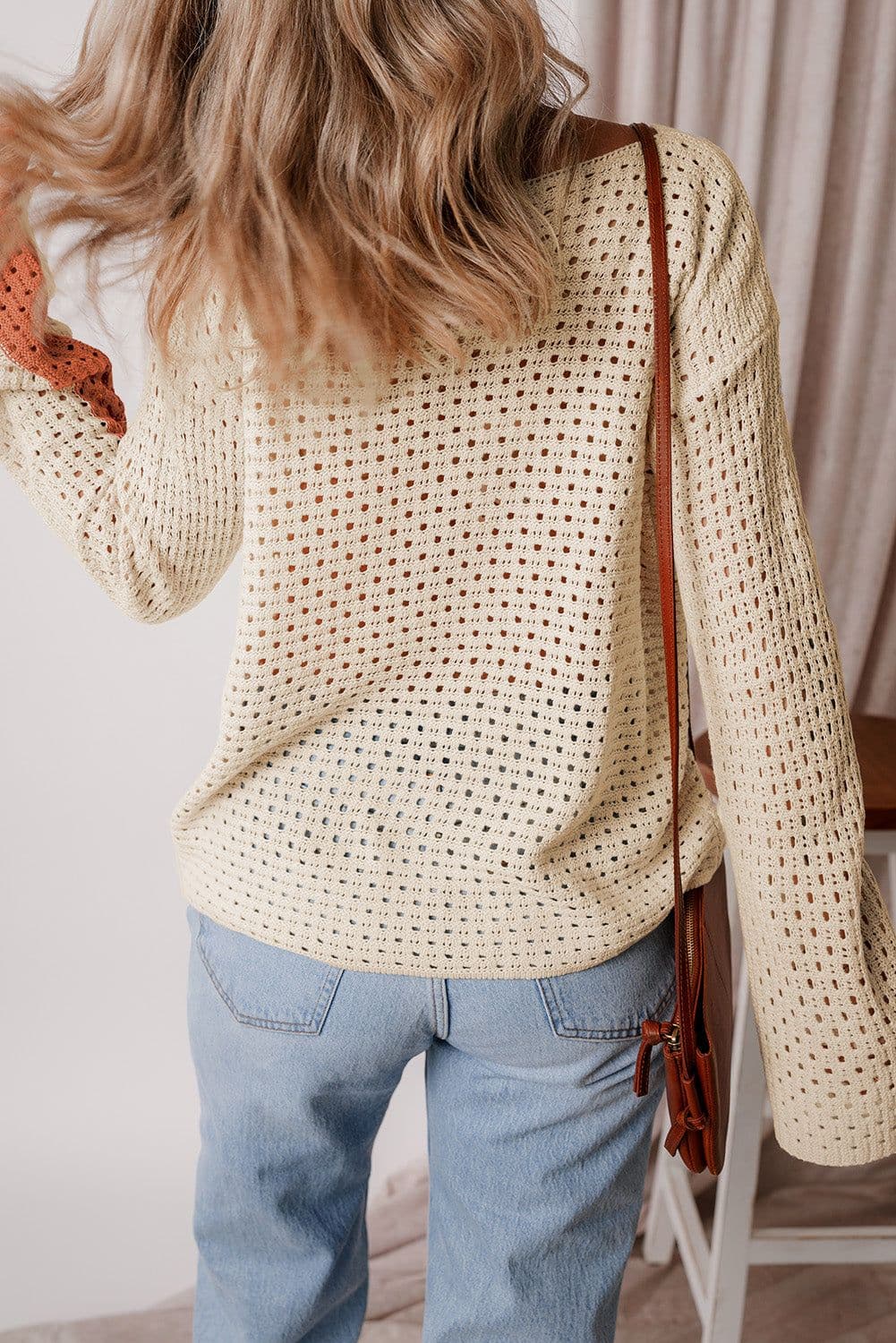 image-Apricot Pointelle Knit Colorblock Baggy Sweater