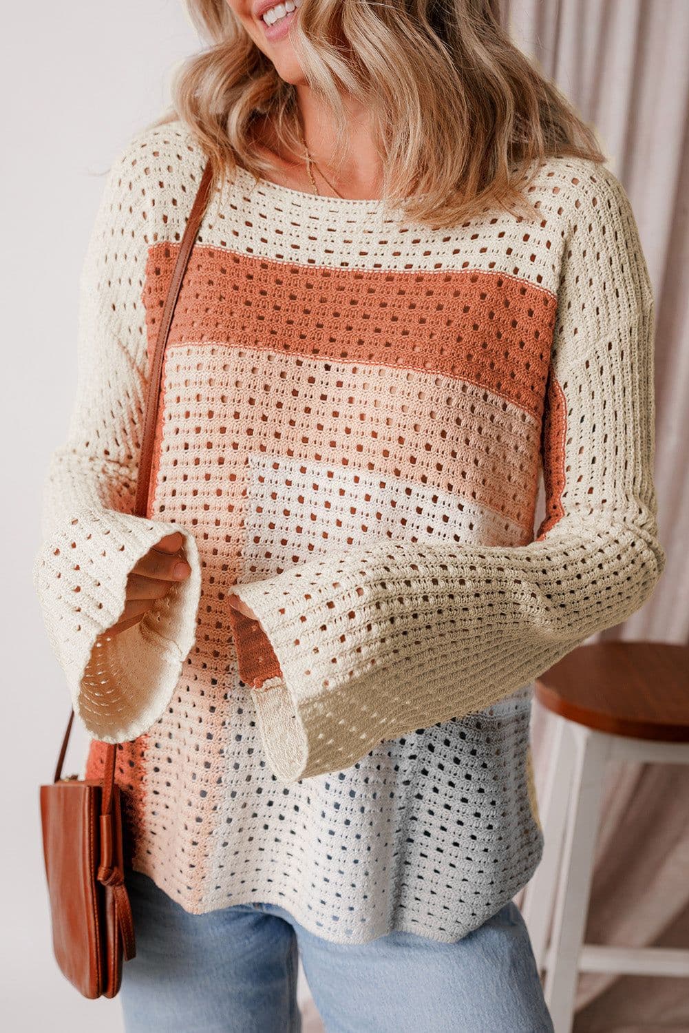 image-Apricot Pointelle Knit Colorblock Baggy Sweater