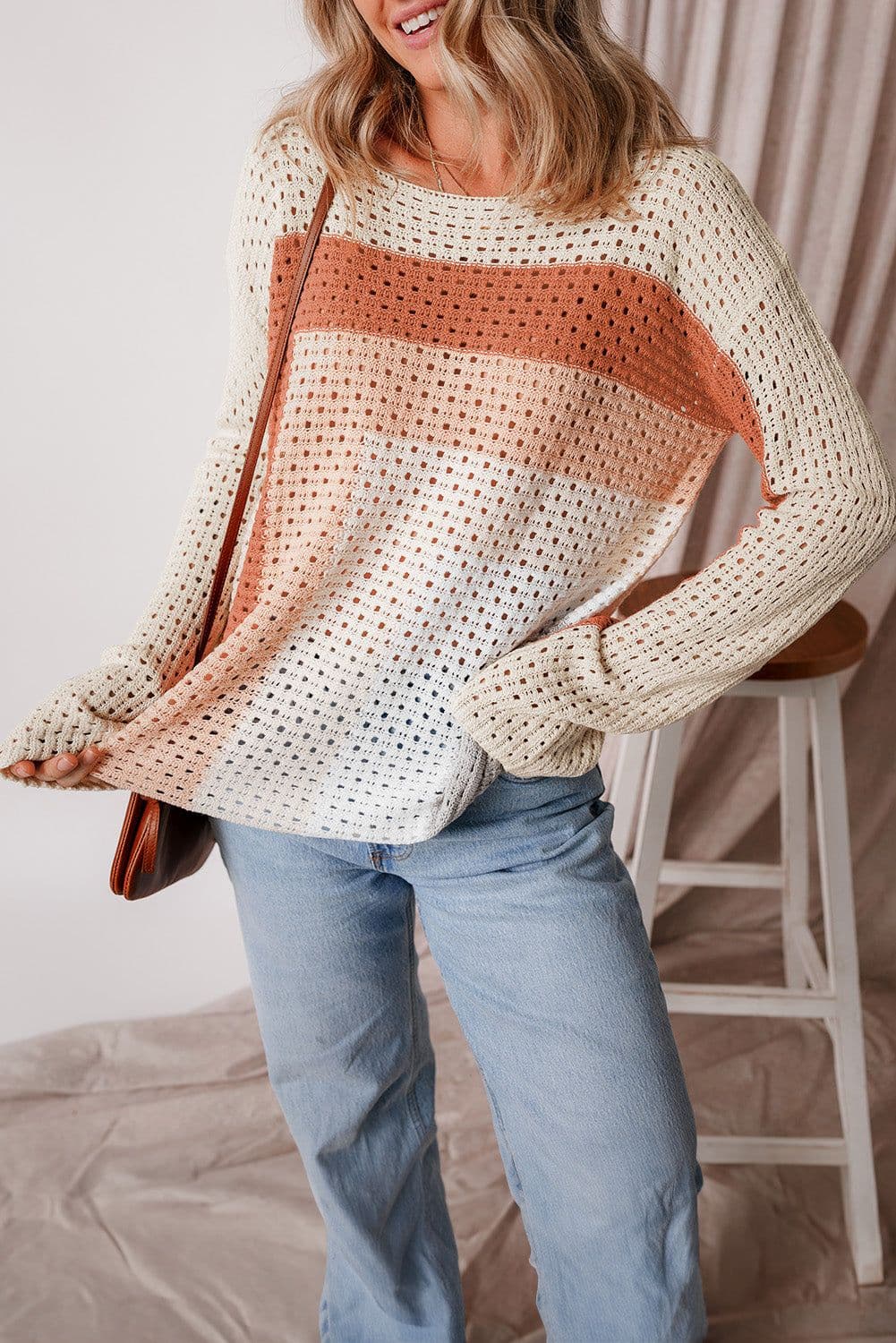 image-Apricot Pointelle Knit Colorblock Baggy Sweater