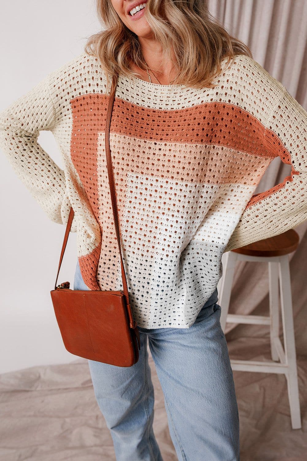 image-Apricot Pointelle Knit Colorblock Baggy Sweater