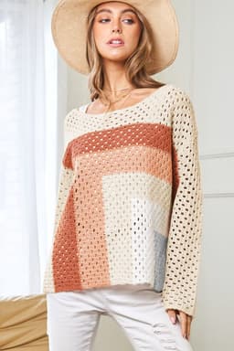 image-Apricot Pointelle Knit Colorblock Baggy Sweater