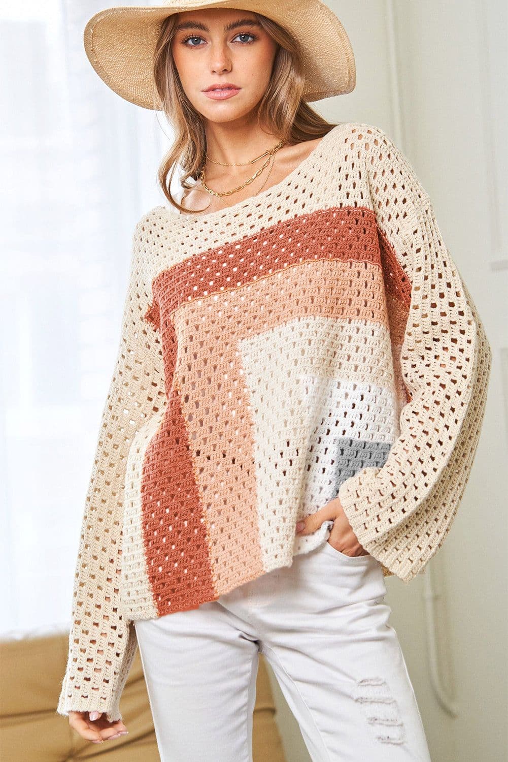 image-Apricot Pointelle Knit Colorblock Baggy Sweater