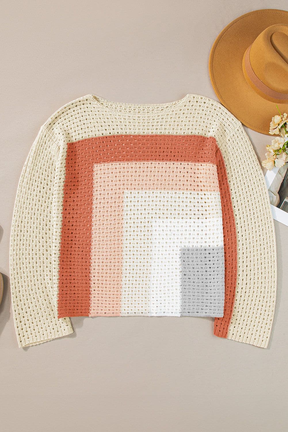 image-Apricot Pointelle Knit Colorblock Baggy Sweater