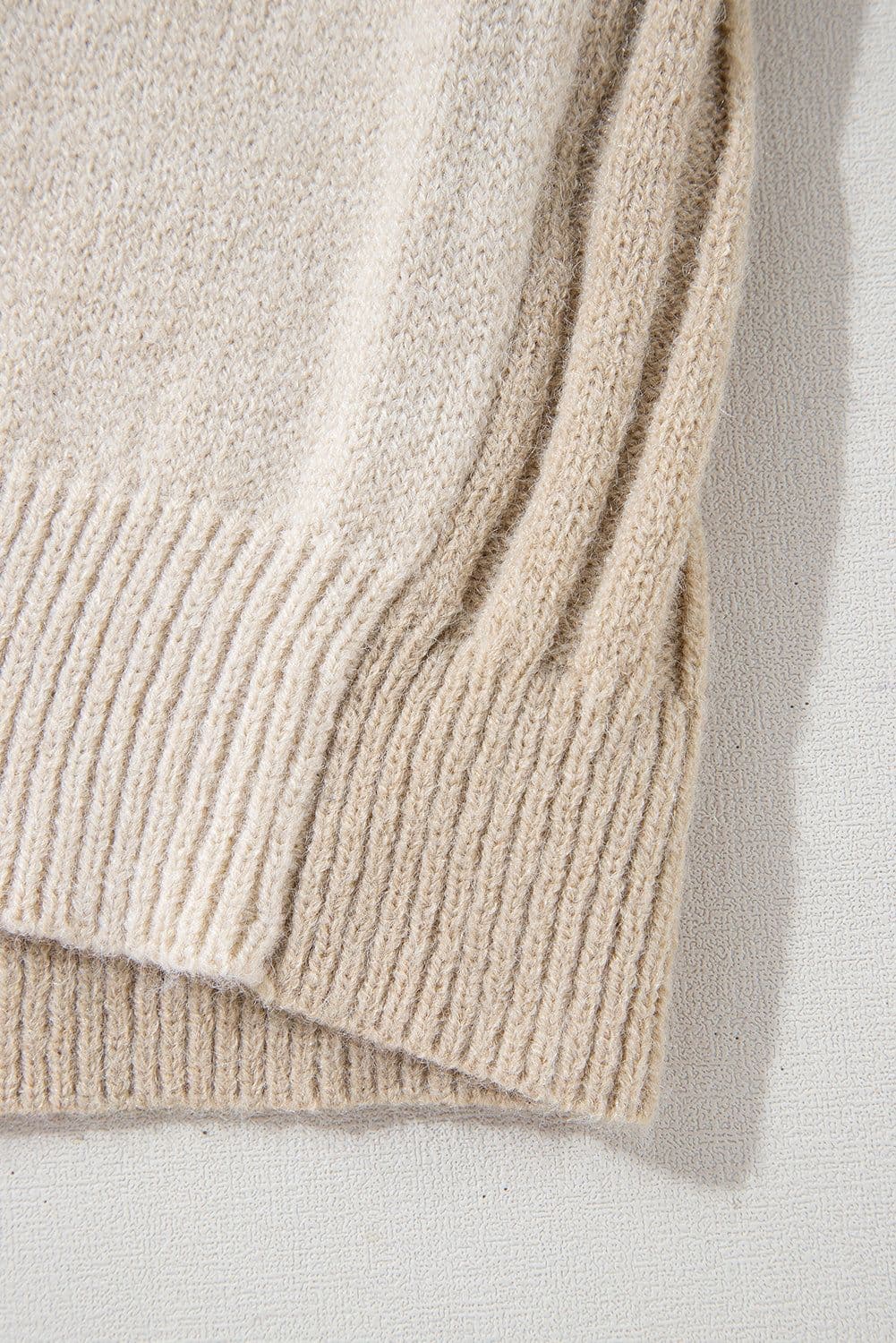 image-Khaki Cable Knit Colorblock Crew Neck Drop Shoulder Sweater