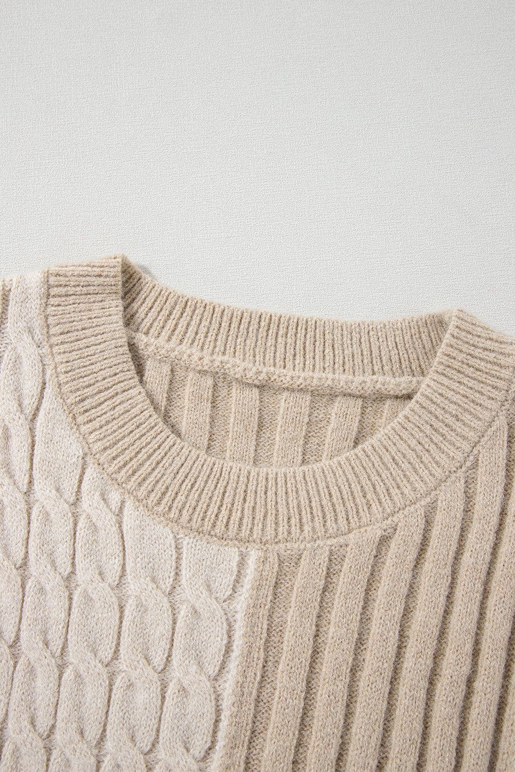 image-Khaki Cable Knit Colorblock Crew Neck Drop Shoulder Sweater
