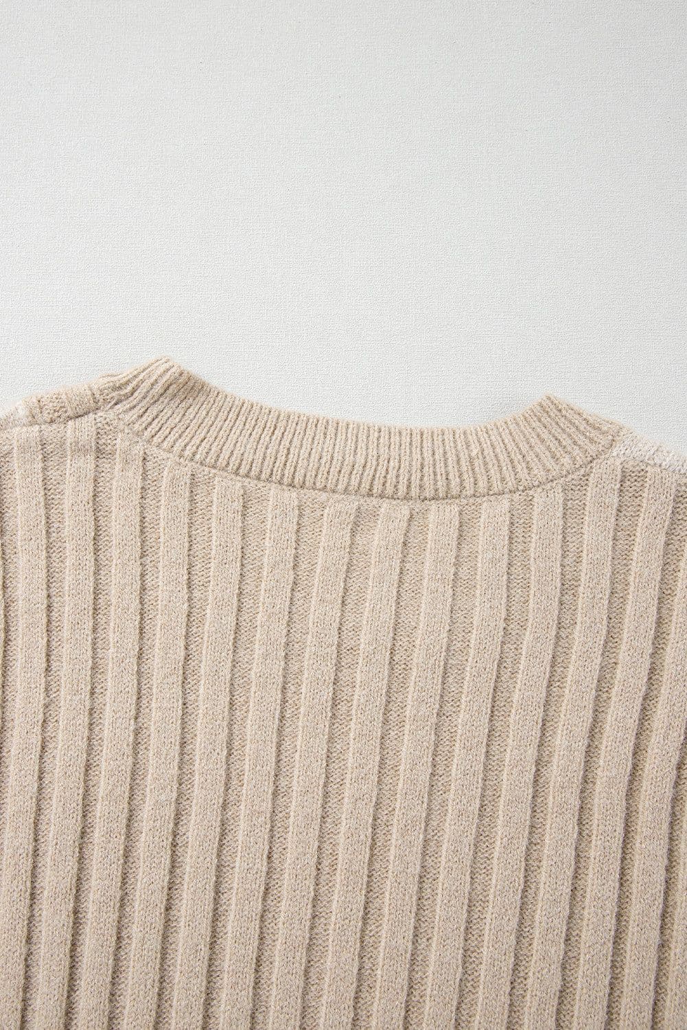 image-Khaki Cable Knit Colorblock Crew Neck Drop Shoulder Sweater