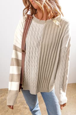image-Khaki Cable Knit Colorblock Crew Neck Drop Shoulder Sweater