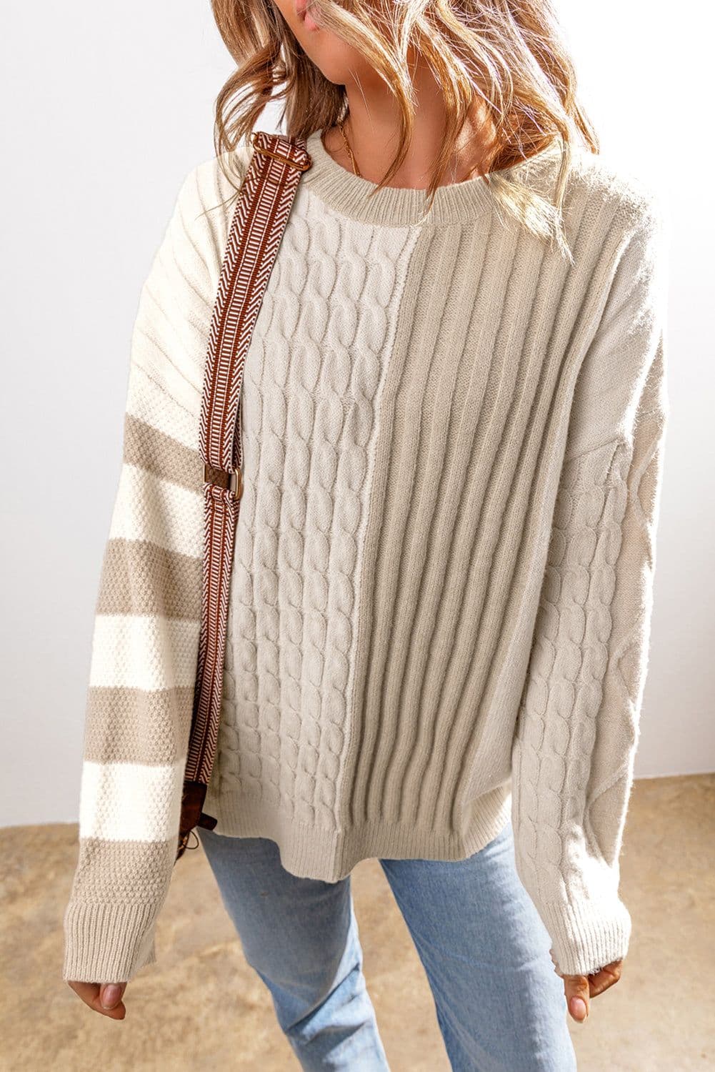 image-Khaki Cable Knit Colorblock Crew Neck Drop Shoulder Sweater