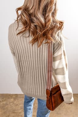 image-Khaki Cable Knit Colorblock Crew Neck Drop Shoulder Sweater