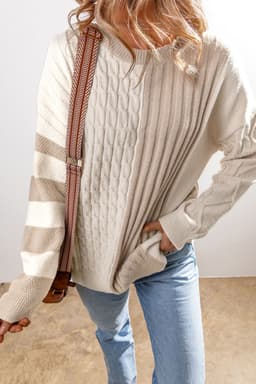 image-Khaki Cable Knit Colorblock Crew Neck Drop Shoulder Sweater