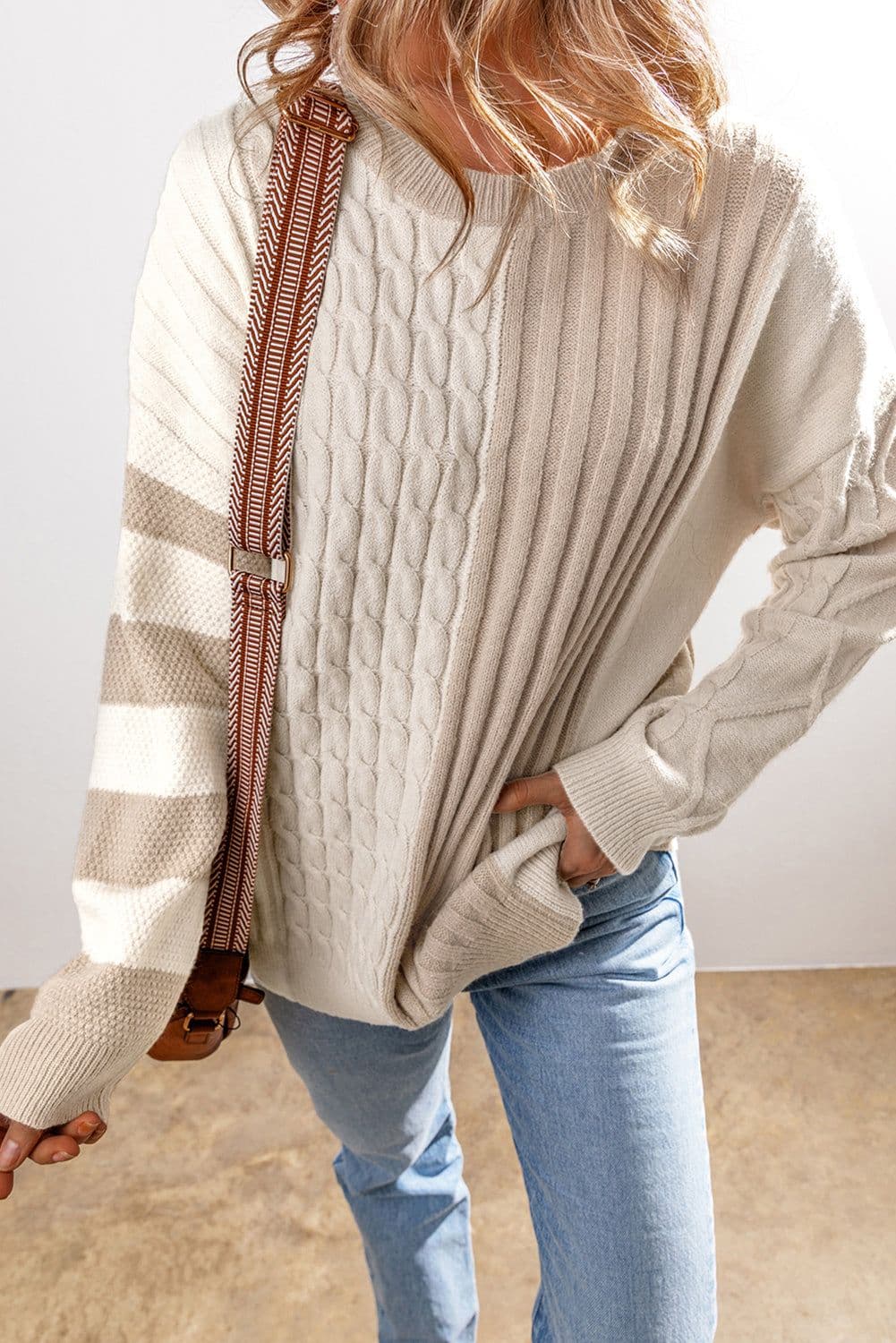 image-Khaki Cable Knit Colorblock Crew Neck Drop Shoulder Sweater