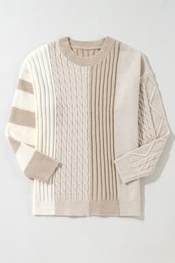 image-Khaki Cable Knit Colorblock Crew Neck Drop Shoulder Sweater