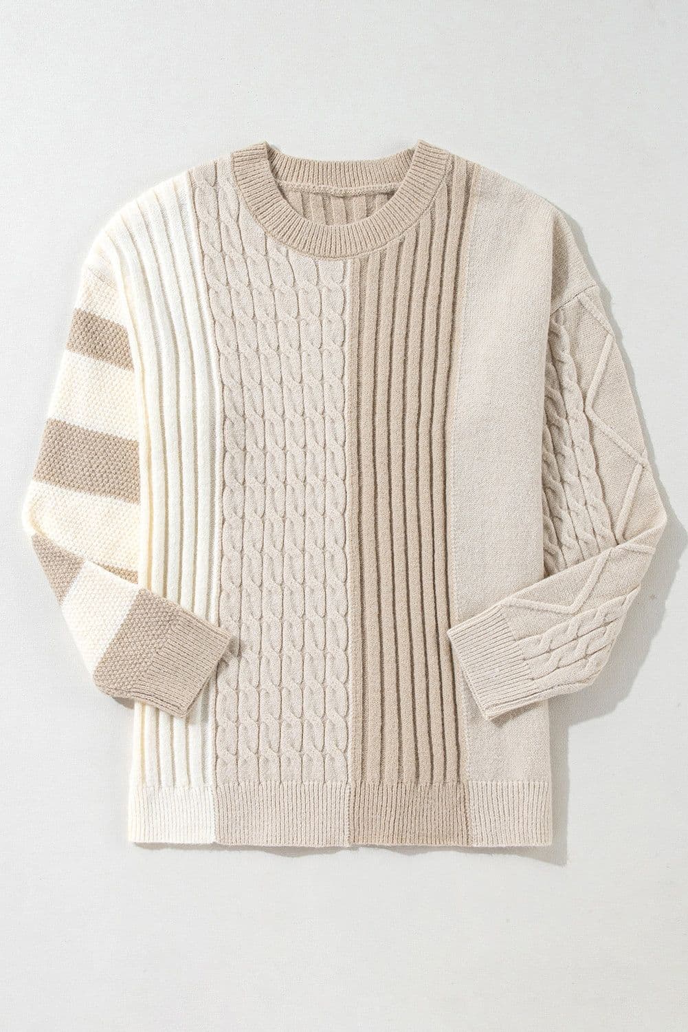 image-Khaki Cable Knit Colorblock Crew Neck Drop Shoulder Sweater