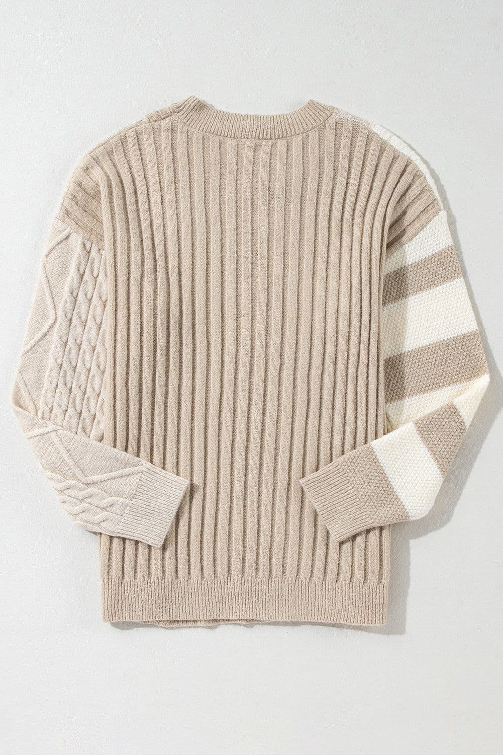 image-Khaki Cable Knit Colorblock Crew Neck Drop Shoulder Sweater