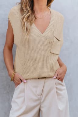 image-Blackish Green Chest Pocket V Neck Ribbed Cap Sleeve Sweater
